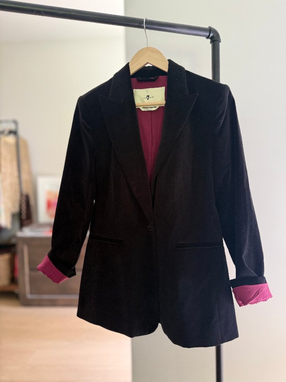 7 For All Mankind Velvet Single-Button Blazer in Black Size Medium, New with Tag